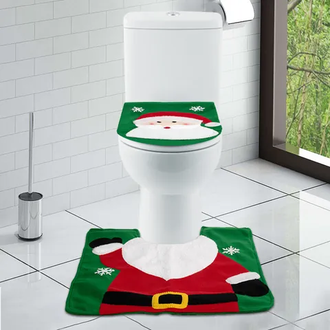 Christmas Toilet Seat Cover And Rug Bathroom Decoration Santa Claus Snowman Reindeer Plush Fabric Festive Washroom Ornament