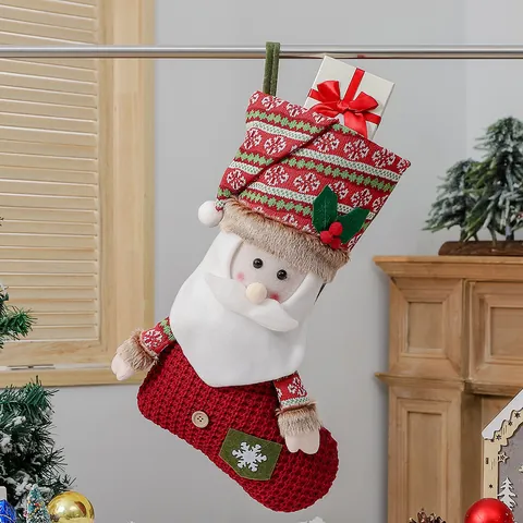 Large Knitted Christmas Stockings With Santa Snowman Reindeer Character Hanging Xmas Socks Gift Bag For Holiday Fireplace Window Home Decor