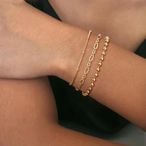 14K Gold Plated Brass Layered Link Beaded Bracelets For Women Fashion Adjustable Chain Jewelry Accessory Elegant Wrist Decor Gift