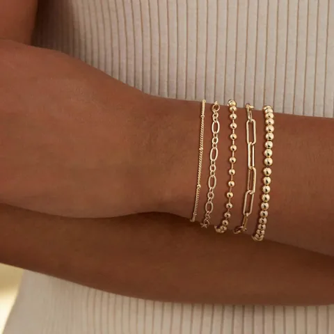 14K Gold Plated Brass Layered Link Beaded Bracelets For Women Fashion Adjustable Chain Jewelry Accessory Elegant Wrist Decor Gift