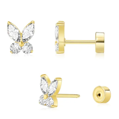 Luxury Brass Zirconia Stud Earrings Real Gold Silver Plated Butterfly Flower Fan Shape Screw Back Earrings For Women Jewelry Gift