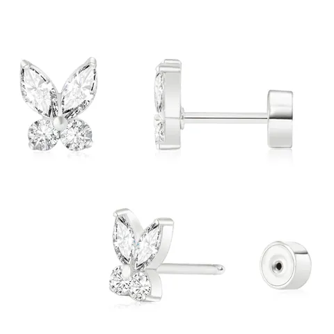 Luxury Brass Zirconia Stud Earrings Real Gold Silver Plated Butterfly Flower Fan Shape Screw Back Earrings For Women Jewelry Gift