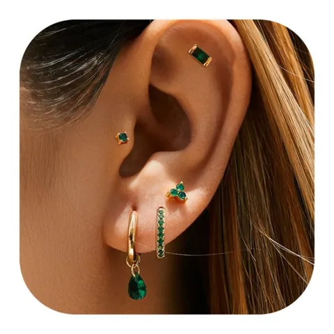 Gold Plated Brass Emerald Green Zirconia Earrings Ear Cuffs For Women Vintage Geometric Jewelry Stud Earrings Ear Clips