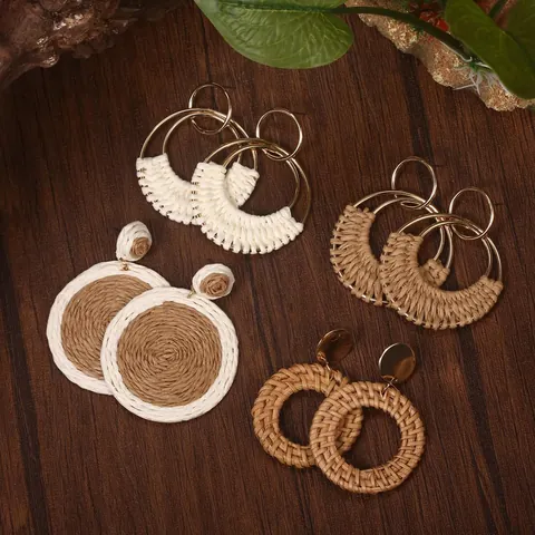 Bohemian Woven Hoop Earrings For Women Brass Gold Plated Geometric Rattan Straw Handmade Dangle Drop Fashion Jewelry