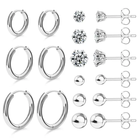 Ensemble de Boucles d'Oreilles Clous et Créoles en Laiton Plaqué Or avec Zircone Cubique pour Femmes Bijoux Géométriques