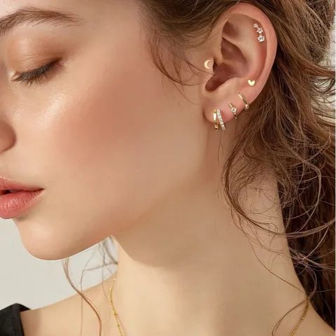 Elegant Brass Gold Plated Zirconia Earring Set Multiple Studs Hoops Ear Cuffs Combination For Women Minimalist Star Heart Moon Jewelry Accessorie