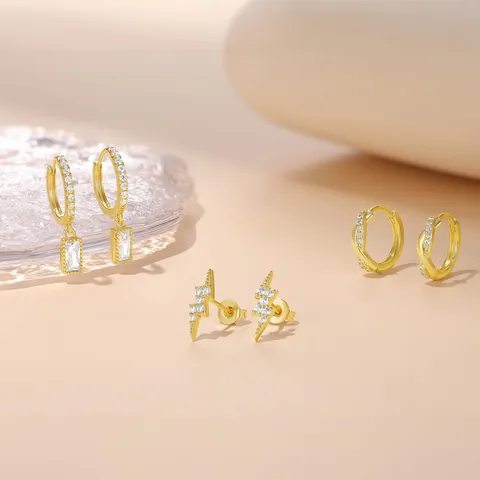 Combinación de Pendientes de Botón de Rayo Aros Retorcidos y Colgante Rectangular de Latón Chapado en Oro de 14K con Zirconia para Mujer
