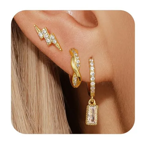 Combinación de Pendientes de Botón de Rayo Aros Retorcidos y Colgante Rectangular de Latón Chapado en Oro de 14K con Zirconia para Mujer