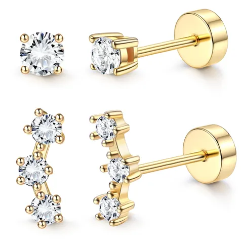 Boucles d'Oreilles Clous en Laiton Plaqué Or 14K Avec Zirconium pour Femme Dos Plat à Visser Bijoux de Piercing Cartilage