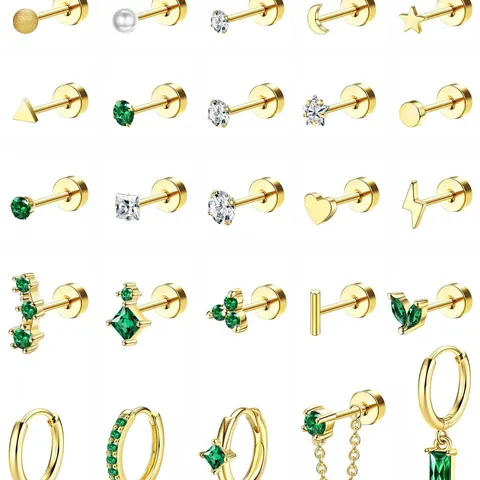 Mode Vergoldete Messing Ohrring Set Für Damen Grüne Zirkonia Künstliche Perlen Ohrstecker Kleine Creolen Schmuck Geschenk