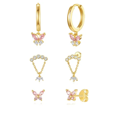 Brass Zirconia Butterfly Earring Set Gold Plated Cubic Zirconia Stud And Hoop Earrings For Women Sweet Jewelry Gifts