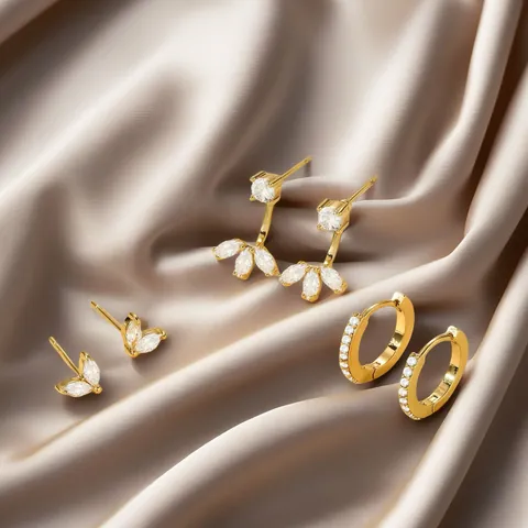Elegant Gold Plated Brass Zirconia Earring Set For Women Marquise Butterfly Stud Earrings And Pave Huggie Hoops Jewelry