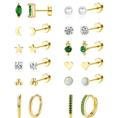Fashion Brass Gold Silver Plated Earring Collection Green Zirconia Star Moon Heart Faux Artificial Pearl Stud Hoop Jewelry Women