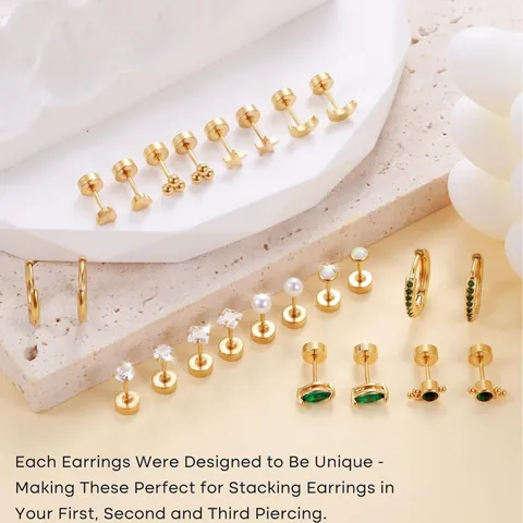 Fashion Brass Gold Silver Plated Earring Collection Green Zirconia Star Moon Heart Faux Artificial Pearl Stud Hoop Jewelry Women