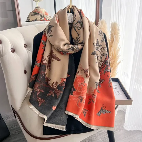 Sciarpa Donna Vintage Stampa Floreale Farfalla Ispessita Scialle Invernale Simil Cachemire Con Nappina Blocchi di Colore Avvolgente Calda