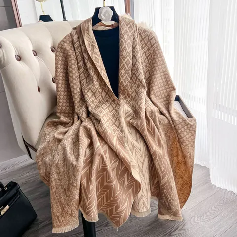 Sciarpa da Donna in Simil-Cashmere a Motivo Geometrico a Rombi Grande Scialle Jacquard Con Frange Corte Sciarpa Invernale