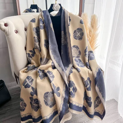 Elegante Scialle in Finto Cachemire Per Donna Stampa Catena Floreale Fronte-Retro Sciarpa Invernale Calda Con Nappe