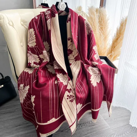 Sciarpa Invernale Jacquard Floreale da Donna Caldo Scialle in Imitazione Cashmere Elegante Sciarpa con Nappine a Righe per Donna