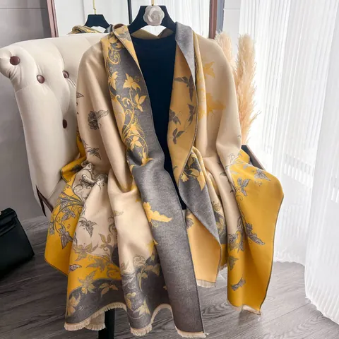 Sciarpa Donna Vintage Stampa Floreale Farfalla Ispessita Scialle Invernale Simil Cachemire Con Nappina Blocchi di Colore Avvolgente Calda