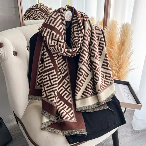 Sciarpa Geometrica da Donna Simil Cachemire Scialle Lungo Caldo Spesso Con Nappine Jacquard Geometrico Avvolgente Invernale da Donna