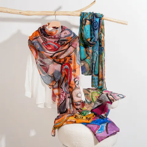 Bufanda de Satén Estampada a la Moda para Mujer Chal Abstracto Artístico Ligero Protección Solar Accesorio
