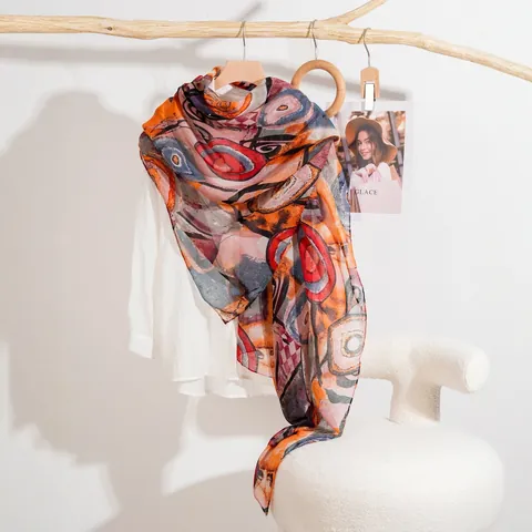 Bufanda de Satén Estampada a la Moda para Mujer Chal Abstracto Artístico Ligero Protección Solar Accesorio