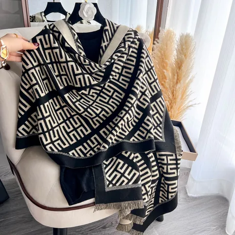 Sciarpa Geometrica da Donna Simil Cachemire Scialle Lungo Caldo Spesso Con Nappine Jacquard Geometrico Avvolgente Invernale da Donna