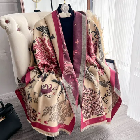 Sciarpa Vintage con Stampa Floreale Botanica in Simil-Cashmere Scialle Invernale Ispessito con Nappe da Donna Gioielli