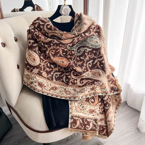 Retro Paisley Jacquard Tassel Scarf For Women Imitation Cashmere Thick Shawl Bohemian Ethnic Style Winter Warm Scarf Wraps