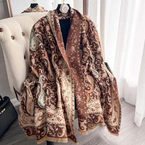 Retro Paisley Jacquard Tassel Scarf For Women Imitation Cashmere Thick Shawl Bohemian Ethnic Style Winter Warm Scarf Wraps