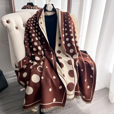 Sciarpa da Donna in Imitazione Cashmere Doppia Faccia a Pois Motivo Floreale Scialle Caldo Invernale con Nappine Avvolgente