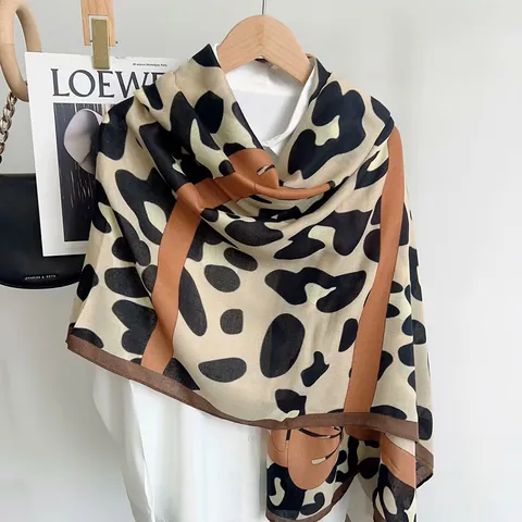 Damen Leopardenmuster Schleife Schal Baumwollleinen Retro Langes Schultertuch Leicht Sonnenschutz Weich Mode Accessoire