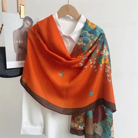 Women Vintage Floral Print Scarf Oversized Cotton Linen Blend Shawl Soft Lightweight Sun Protection Wrap Elegant Pashmina For Ladies