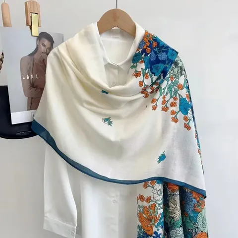 Women Vintage Floral Print Scarf Oversized Cotton Linen Blend Shawl Soft Lightweight Sun Protection Wrap Elegant Pashmina For Ladies