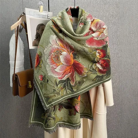 Vintage Olieverf Pioenroos Sjaal Voor Dames Winter Warm Kasjmier-achtig Dikke Omslagdoek Met Kwastjes Veelzijdige Top