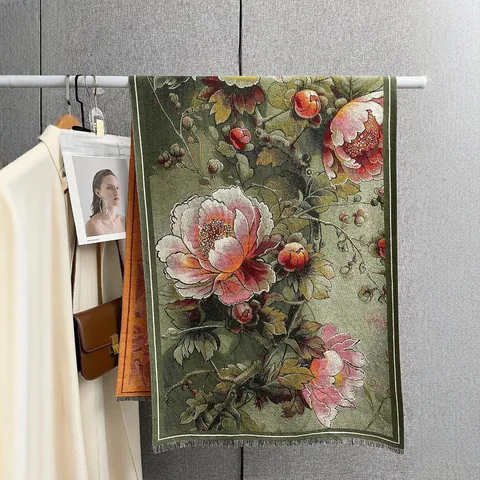 Vintage Olieverf Pioenroos Sjaal Voor Dames Winter Warm Kasjmier-achtig Dikke Omslagdoek Met Kwastjes Veelzijdige Top