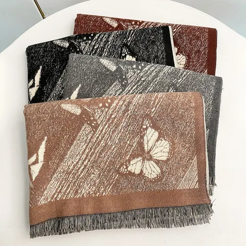 Sciarpa Vintage Con Stampa a Farfalla in Simil-Cashmere Scialle Caldo Bifacciale Con Nappine Morbido Avvolgimento Invernale Donna