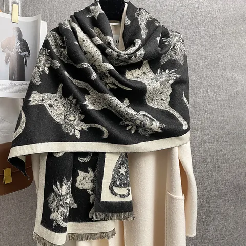 Sciarpa Donna Vintage Stampa Silhouette Gatto Scialle Jacquard Doppio Lato Con Nappine Morbido Finta Cashmere Caldo Collo Invernale
