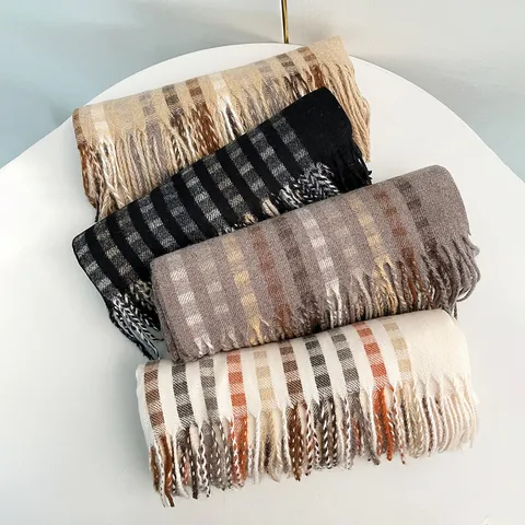 Women's Winter Thick Warm Scarf Striped Plaid Pashmina Shawl Wool Viscose Blend Long Wrap With Tassels Fashion Accessory Gift