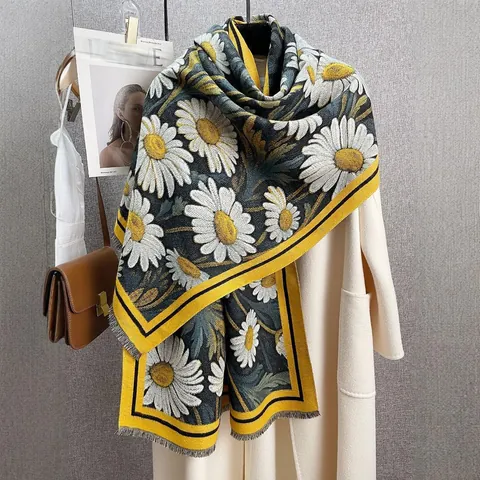 Vintage Daisy Floral Print Faux Cashmere Large Scarf For Women Warm Winter Shawl Tassel Wrap Pashmina For Daily Party