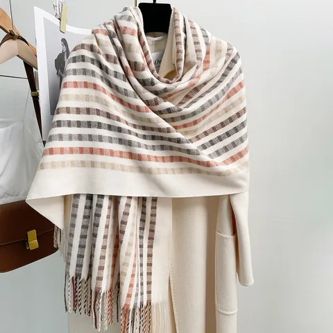 Women's Winter Thick Warm Scarf Striped Plaid Pashmina Shawl Wool Viscose Blend Long Wrap With Tassels Fashion Accessory Gift
