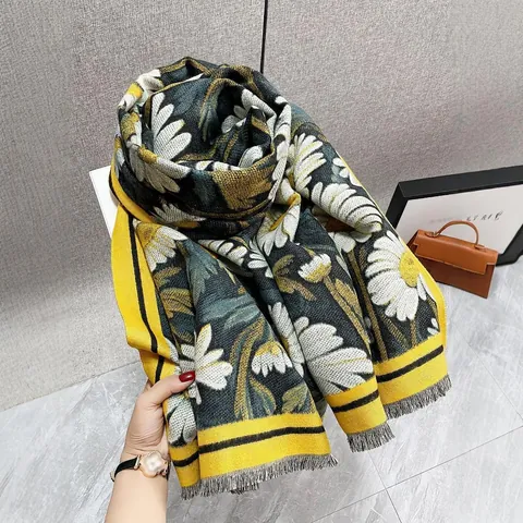 Vintage Daisy Floral Print Faux Cashmere Large Scarf For Women Warm Winter Shawl Tassel Wrap Pashmina For Daily Party