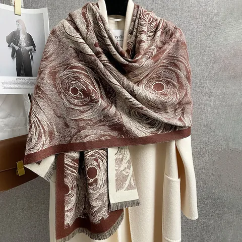 Elegante Sciarpa da Donna con Stampa Floreale di Camelia in Imitazione Cashmere Grande Scialle con Nappe Caldo Tocco Invernale Accessori Moda