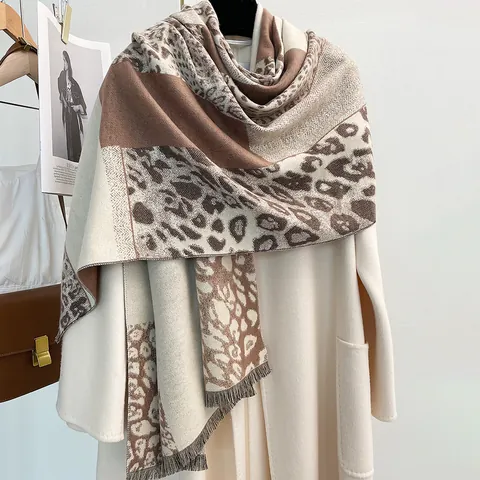 Bufanda Cálida Engrosada con Bloques de Color y Estampado de Leopardo Vintage para Mujer Chal con Borlas Tipo Cachemira