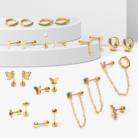 Colección de Pendientes de Latón Chapado en Oro 14K para Mujer Zirconia Perla Artificial de Imitación Mariposa Geométricos Botón Trasero Plano Joyería Regalo