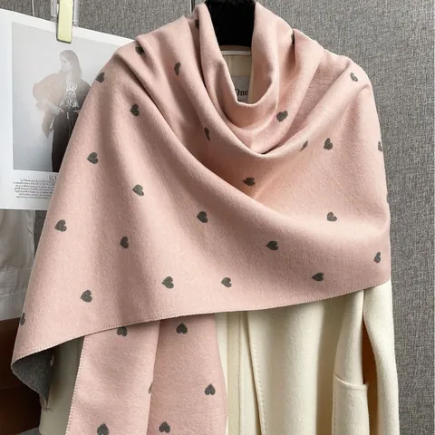Sciarpa Invernale Calda da Donna Simil-Cashmere Motivo Jacquard a Cuore Dolce Sciarpa Spessa Doppia Faccia Con Nappine