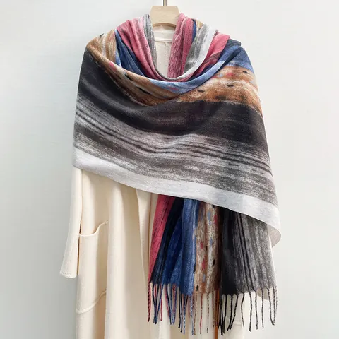 Sciarpa Artistica a Strisce Sfumate per Donna Morbido Scialle in Poliestere con Nappine Calda Pashmina Boema Invernale per Viaggi Regalo