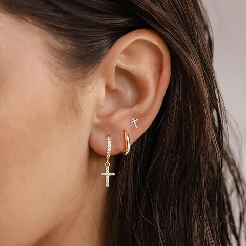 14K Gold Plated Brass Micro Pave Zirconia Cross Pendant Hoop Earrings Set Minimalist Small Cross Stud Earrings For Women Jewelry