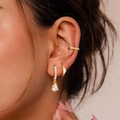 Combinaison de Boucles d'Oreilles Anneaux Pendantes en Laiton Plaqué Or et Zircone Avec Earcuff Femme Bijoux Minimalistes Motif Fleur