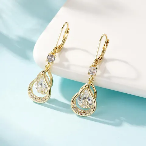 14K Gold Plated Brass Teardrop Hollow Drop Earrings With Zirconia Elegant Waterdrop Dangle Earrings For Women Birthday Jewelry